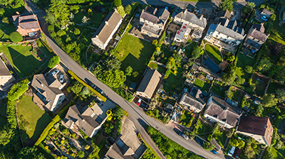 Birds eye view of suburban neighborhood